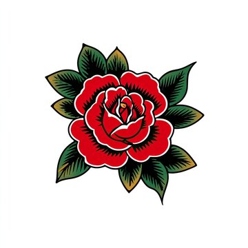Vibrant red rose with dark green leaves, classic tattoo style