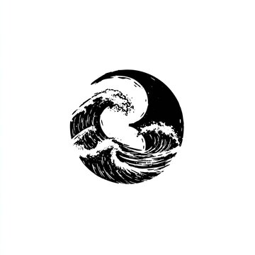Black ink wash style drawing of powerful crashing waves within a circle