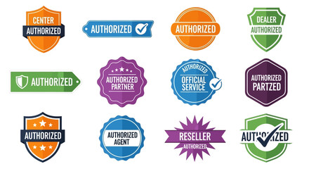 Collection of various colorful authorized reseller badges and labels for certified partners and services