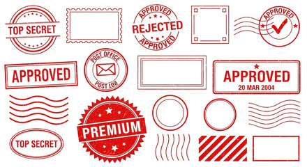 Collection of red official stamps and seals with various labels and shapes on a clean background