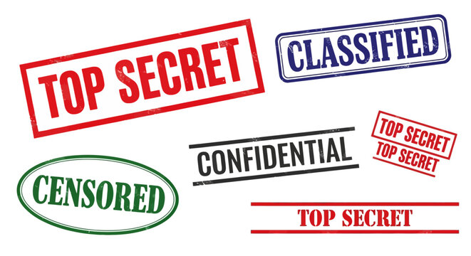 Collection of assorted confidential stamps and labels displayed on a clean white surface for official documents