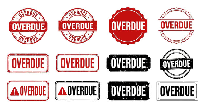 Collection of Overdue Stamps and Labels in Various Designs and Shapes on a Plain Background from a Straight-On Viewpoint
