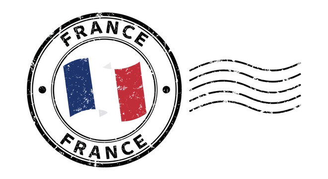 French flag emblem in a circular postal stamp with wavy lines, symbolizing France, postage, and national identity