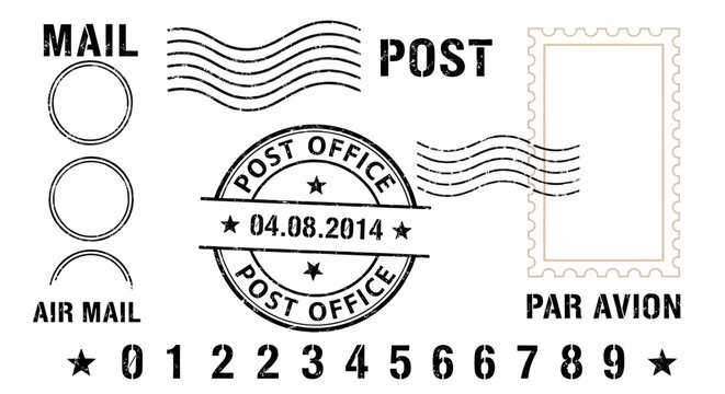 A postal illustration featuring mail, post, and airmail icons with a post office stamp and numbered postal codes