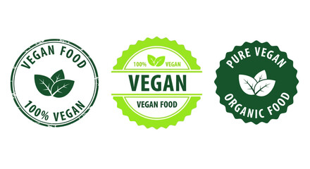 Set of vegan and organic food labels with green leaf icons and text highlighting eco-friendly and healthy eating options