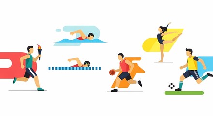 Fototapeta premium Diverse athletes engaging in various sports activities including running, swimming, gymnastics, basketball, and soccer, depicted in a flat design style.