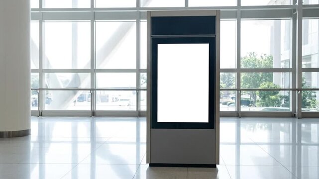 Blank white digital display screen in a modern bright public building lobby with large windows during the day