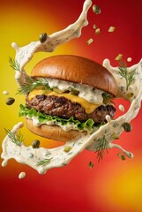A delicious burger with ingredients splashing