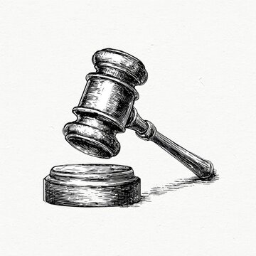 A gavel and sound block rendered in a detailed, textured sketch