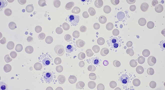 Detailed microscopic visualization of malignant leukemia leukocytes demonstrating hematological disorder and cancerous cell pathology for medical laboratory research and oncology study.