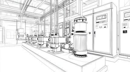 Industrial Factory Interior with Pumps and Control Panels in Outline