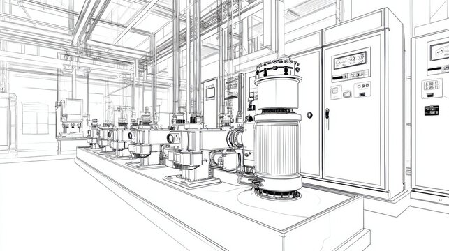 Industrial Factory Interior with Pumps and Control Panels in Outline