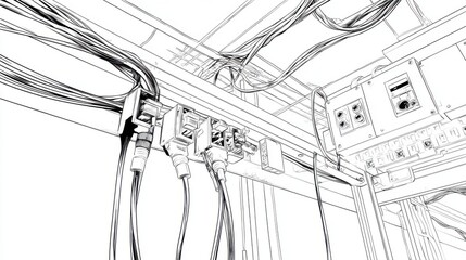 Intricate Wiring and Connectors in a Technical Environment Sketch
