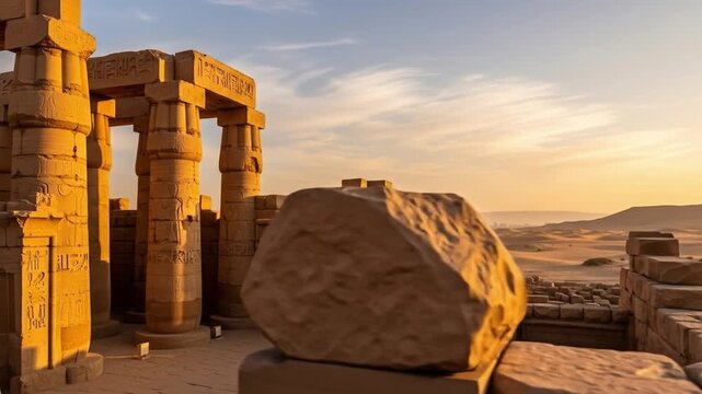A large stone block lies on the steps of an ancient temple ruin with columns, set against a desert landscape at sunset. Perfect for history, archaeology, and travel presentations.