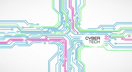 Vibrant circuit board design with colorful neon wires and cyber tech text on white background for futuristic technology concepts