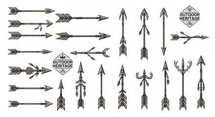 Various arrows and hunting icons on white background for outdoor heritage