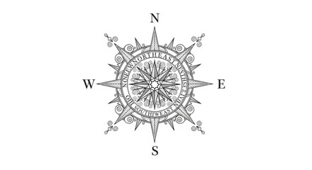 Vintage compass rose with directional letters on white background for navigation and orientation purposes