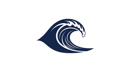 Dark blue ocean wave graphic symbol with white highlights on plain background