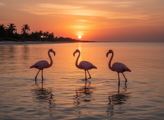 Naklejka premium Three flamingos wade in calm water during a golden sunset, palms silhouetted