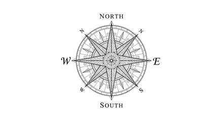 Vintage black and white compass rose with north south east west directions on white background for navigation