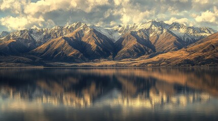 Snow-capped mountains reflected in serene lake waters under a cloudy sky
