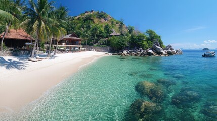 Tropical beach paradise with clear turquoise water and white sandy shore