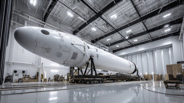 assembled vertically inside aerospace facility on blurred background