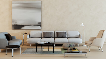 Naklejka premium Large luxury modern bright interiors Living room mockup illustration 3D rendering Digitally Generated Image