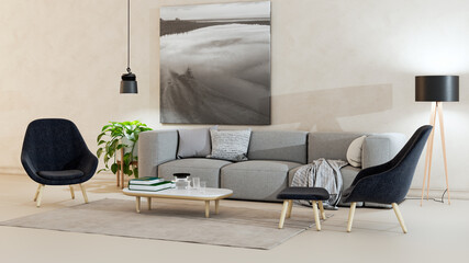 Naklejka premium Large luxury modern bright interiors Living room mockup illustration 3D rendering Digitally Generated Image