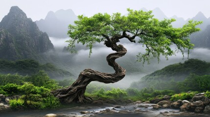 Twisted ancient tree with vibrant green leaves standing beside a serene river