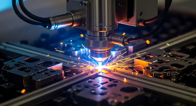 Advanced industrial laser welding head fusing metal seam with focused high precision beam for automated automotive manufacturing and low distortion metalwork engineering production technology.