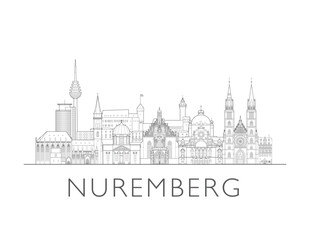 Fototapeta premium Nuremberg skyline, Germany. Urban cityscape with landmarks and monuments. Hand drawn line art digital skyline illustration.