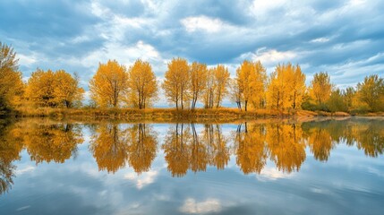 Vibrant golden trees in full autumn splendor reflect perfectly on the glassy surface of a tranquil lake under a cloudy sky