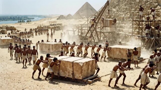 Ancient Egyptian workers hauling massive stone blocks near the pyramids of Giza under a blazing sun, depicting monumental construction labor.