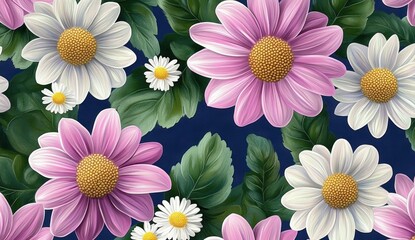 Vibrant pink and white daisies on dark blue background, seamless floral pattern