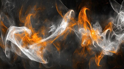Vibrant orange and white flames dancing amidst swirling smoke on a dark background