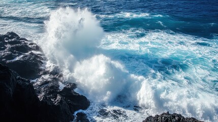 The powerful ocean waves crash against the dark, jagged rocks, creating a dramatic display of nature's raw energy and beauty under a bright, sunny sky