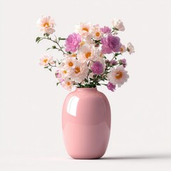 Delicate pastel blooms in a smooth, glossy pink vase on a white background