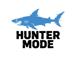 Stylized blue shark graphic with glitch effect above black text reading hunter mode on a white.