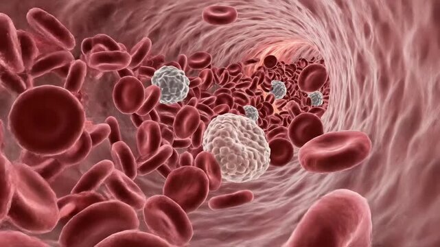 Red blood cells flowing through a vein with white blood cells.