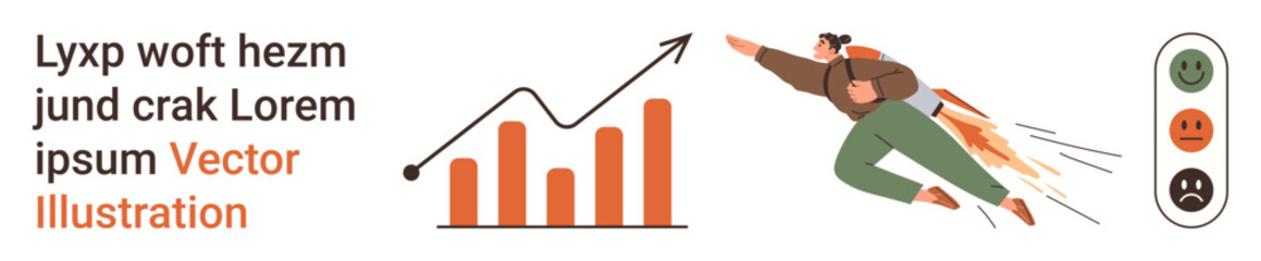 Business success, leadership, motivation, performance, analytics, progress. Bar graph with upward trend, person flying with rockets. Business growth and leadership symbol