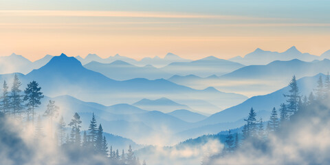 Naklejka premium Sunrise in the mountains, misty silhouettes of ridges, fog in the valley, vector illustration