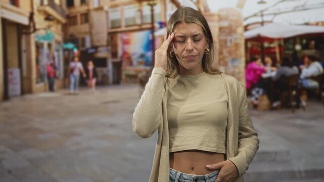 Young blonde woman touching temple with hand for headache, exposed midriff and visible rings while standing in a busy street with cafes and pedestrians; fatigue.