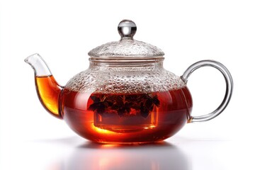 Clear glass teapot filled with hot amber tea and steeped herbs