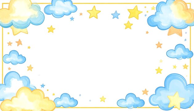 Watercolor clouds and stars form a frame around a white space, yellow border