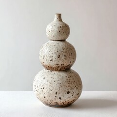 Textured, layered ceramic vessel with organic, speckled finish on white surface