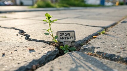 Resilient Plant Growing Through Concrete with Motivational Message