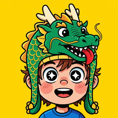 Obraz premium Happy Cartoon Child Wearing Green Dragon Costume Hat | Excitement, Play, and Fantasy Vector Illustration on Bright Yellow Background