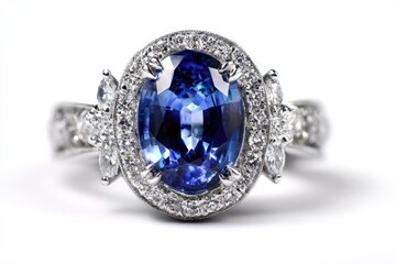 Oval sapphire surrounded by diamond halo and accent stones on band