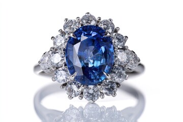 Exquisite oval sapphire surrounded by diamonds on a white metal band